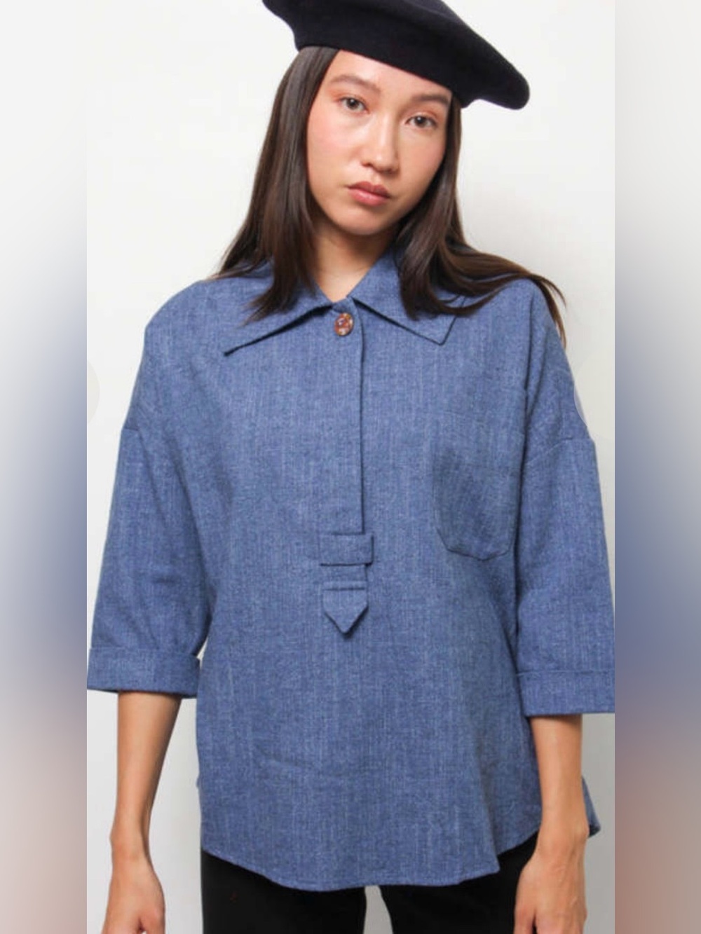 Sessรนn Victor Blue Cotton Linen Blend Oversized Collar Blouse, Large